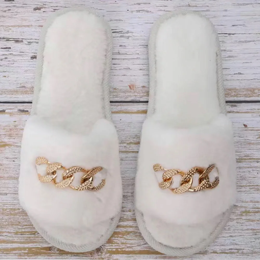 White Flat Fuzzy Slippers Sandals With Gold Chain Decor - Picture 2 of 5